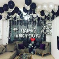 Balloons with ribbons,Happy birthday banner, Number, Star, Heart. Nicely decorated with black and silver premium quality balloons. If you are looking for 25th birthday decoration ideas then go for this package.